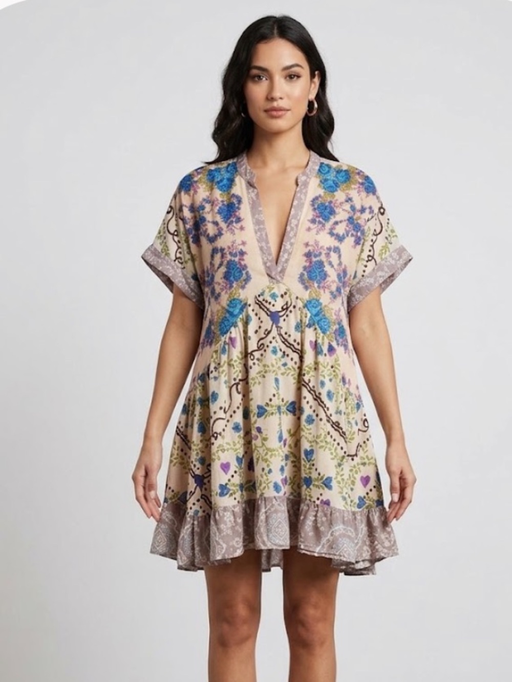 Free People Agne Printed Boho Floral V-Neck Mini Dress Size XS